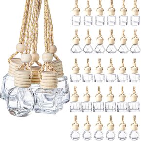 Zubebe 500 Pcs Hanging Car Diffuser Bottles Bulk, 5 Styles Empty Glass Refillable Air Freshener Bottles with Wooden Cap for Perfume Essential Oils Fragrance Aromatherapy Ornament, 8ml 10ml