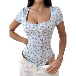 SOLY HUX Bodysuits for Women Floral Print Sweetheart Neck Short Sleeve Ruched Bodysuit T Shirt Tops