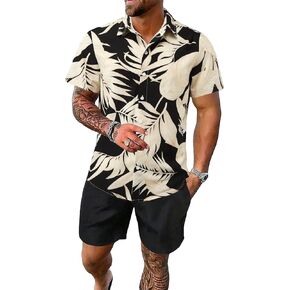 Gorglitter Men Men's Hawaiian مطابقة مجموعة Summer Beach 2 قطعة زر الزهرة أسفل القمصان والسراويل القصيرة مجموعة سوداء x-large