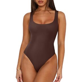 REORIA Women's Sexy Square Neck Sleeveless Double Lined Basic Bodysuits Backless Tank Tops Going Out