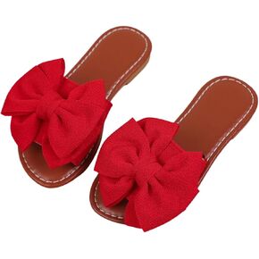 Verdusa Girl's 3D Bow PU Leather Slip on Slippers Color Block Open Toe Flat Sandals