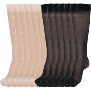 Knee High Stockings for Women, 6 Pairs 20 Denier Sheer Nylon Stocking Socks with Reinforced Toes Silky Knee High Pantyhose Socks, Black & Nude, One Size