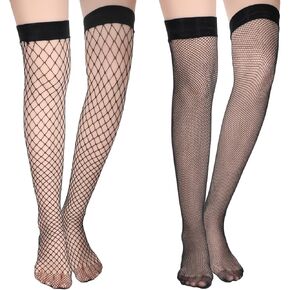2 Pairs Fishnet Thigh High Stocking for Women Silicone Lace Top Stay Up Sheer Over Knee Nylon Hosiery