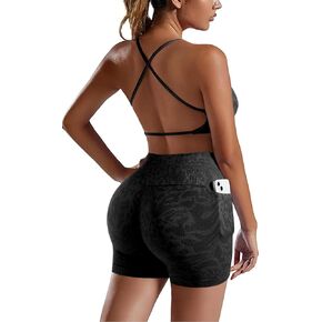 SUUKSESS Women 2 Piece Workout Sets with Pockets Seamless Strappy Sports Bra High Waist Booty Shorts Outfits