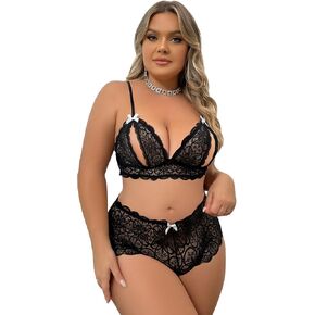 Verdusa Women's Plus Size 2 Piece Sheer Lace Lingerie Set Bow Cut Out Bralettes and Panty Set