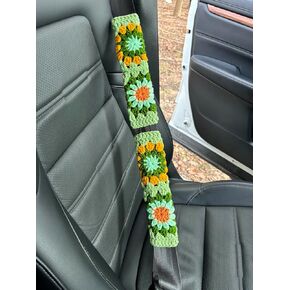 Crochet Car Seat Belt Cover Pads,Cute Car Mirror Rainbow,Car Interior Accessories Decorations for Women (Sunflower)