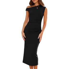 Wenrine Womens One Shoulder Midi Dress Elegant Bodycon Sleeveless Knit Ruched Slit Cocktail Party Formal Dresses
