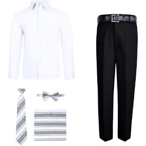 S.H. Churchill & Co. Boy's 6 Piece White Dress Shirt and Black Comfort Waist Dress Pants Set - Includes Long Tie, Bow Tie, Hanky, and Belt – Size 12