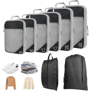8 Set Compression Packing Cubes for Travel, Expandable Luggage Organizer with Shoe Bag & Laundry Bag - Lightweight Suitcase & Backpack Travel Essentials (Black)