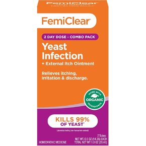FemiClear 2-Day Dose Yeast and Itch Ointment, for Moderate to Intense Symptoms, Made with All-Natural and Organic Ingredients, Plus External Anti-Itch Ointment for Soothing Care
