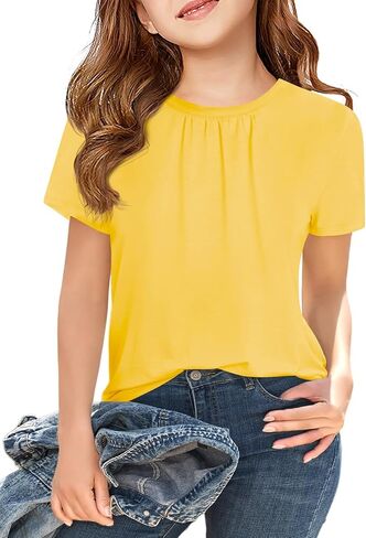 Haloumoning Girls Short Sleeve T Shirts Kids Summer Pleated Tops Casual Crewneck Tees 5-14 Years in Saudi Arabia