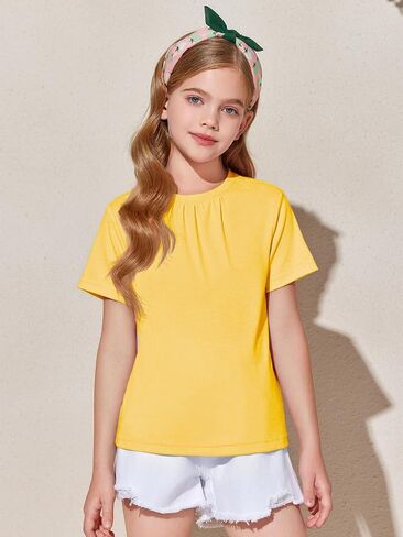 Haloumoning Girls Short Sleeve T Shirts Kids Summer Pleated Tops Casual Crewneck Tees 5-14 Years in Saudi Arabia