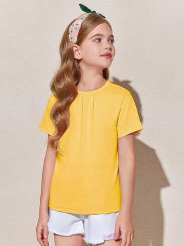 Haloumoning Girls Short Sleeve T Shirts Kids Summer Pleated Tops Casual Crewneck Tees 5-14 Years in Saudi Arabia