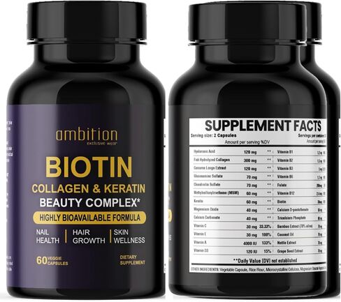 Hyaluronic Acid, Biotin, Collagen, Keratin, Cucurma, Vitamins 25,000 Beauty Complex, 60 Veggie Capsules, Hair Growth, Nail Join Bone Health Supplement in Saudi Arabia