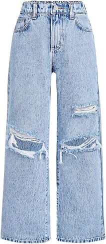 Baggy Jeans for Girls Wide Leg Ripped High Elastic Waisted Denim Pants Cute Summer Trousers Y2K Streetwear 7-14Y in Kuwait
