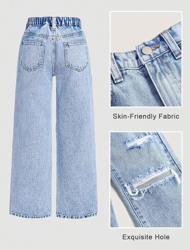 Baggy Jeans for Girls Wide Leg Ripped High Elastic Waisted Denim Pants Cute Summer Trousers Y2K Streetwear 7-14Y in Kuwait