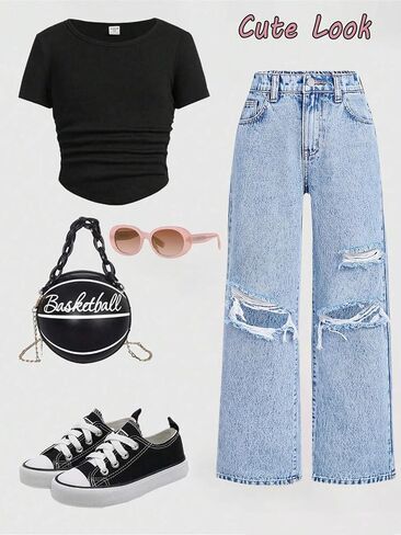 Baggy Jeans for Girls Wide Leg Ripped High Elastic Waisted Denim Pants Cute Summer Trousers Y2K Streetwear 7-14Y in Kuwait