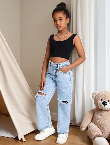 Baggy Jeans for Girls Wide Leg Ripped High Elastic Waisted Denim Pants Cute Summer Trousers Y2K Streetwear 7-14Y in Kuwait