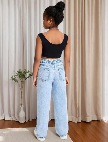 Baggy Jeans for Girls Wide Leg Ripped High Elastic Waisted Denim Pants Cute Summer Trousers Y2K Streetwear 7-14Y in Kuwait