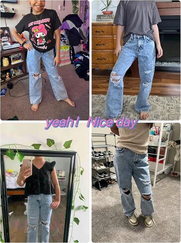 Baggy Jeans for Girls Wide Leg Ripped High Elastic Waisted Denim Pants Cute Summer Trousers Y2K Streetwear 7-14Y in Kuwait
