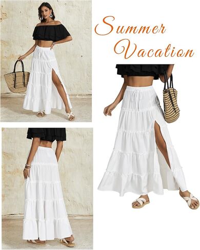 OYOANGLE Women's Elastic Waist Tie Front Tiered Ruffle Hem Long Maxi Skirt Y2K Split Thigh Flowy Skirts in Saudi Arabia