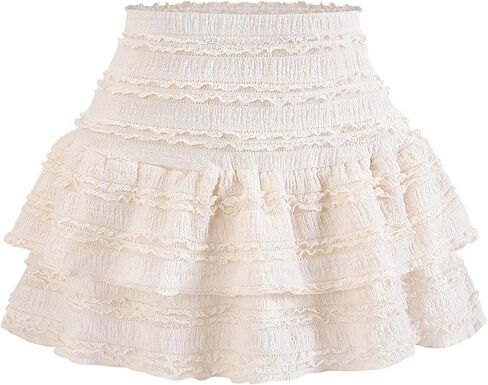 Women's Pleated Ruffle Mini Skirt Lace High Waist Layered Flared Flowy Tiered Short Skirt in Kuwait
