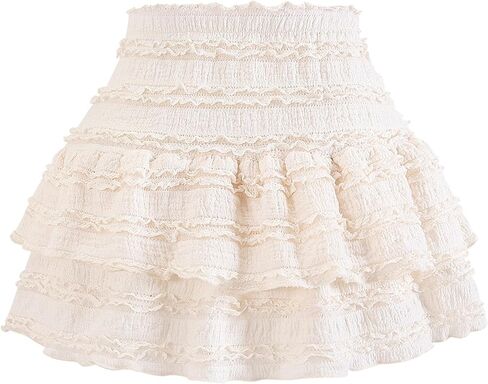 Women's Pleated Ruffle Mini Skirt Lace High Waist Layered Flared Flowy Tiered Short Skirt in Kuwait