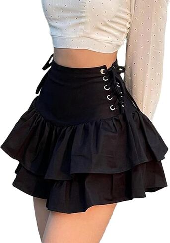 Womens Y2K تنورة القوطي عالية الخصر الدانتيل أعلى الطبقات مزدوجة الكشكشة الشرير Mini emo التنانير in Kuwait