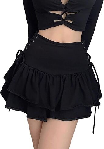 Womens Y2K تنورة القوطي عالية الخصر الدانتيل أعلى الطبقات مزدوجة الكشكشة الشرير Mini emo التنانير in Kuwait