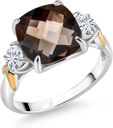 Gem Stone King 925 Sterling Silver and 10K Yellow Gold Cushion 10MM Gemstone Birthstone and Round 4MM White Moissanite 3 Stone Ring For Women Available In Size 5, 6, 7, 8, 9 in Saudi Arabia