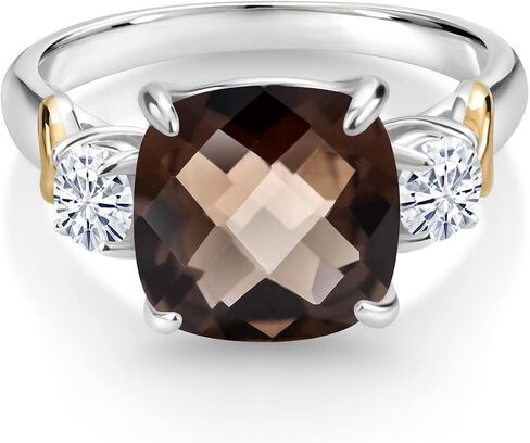 Gem Stone King 925 Sterling Silver and 10K Yellow Gold Cushion 10MM Gemstone Birthstone and Round 4MM White Moissanite 3 Stone Ring For Women Available In Size 5, 6, 7, 8, 9 in Saudi Arabia