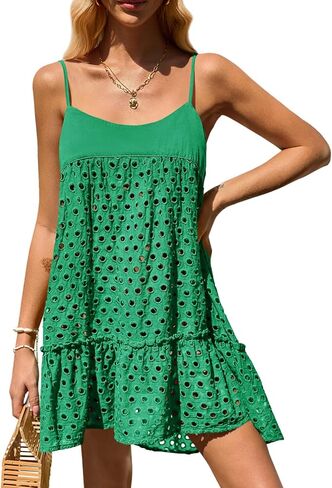 Saodimallsu Womens Crochet Cover Up Summer Spaghetti Strap Hollow Out Fringe Tie Back Beach Coverup Cami Dress in Saudi Arabia
