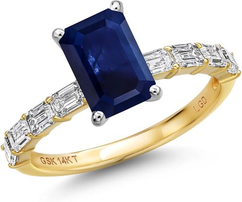 Gem Stone King 14K Two Tone Gold Gemstone Birthstone and Lab Grown Diamond Engagement Ring For Women | Emerald Cut 8X6MM and 3X2MM | Wedding Anniversary Ring | Available in Size 5,6,7,8,9 in Saudi Arabia