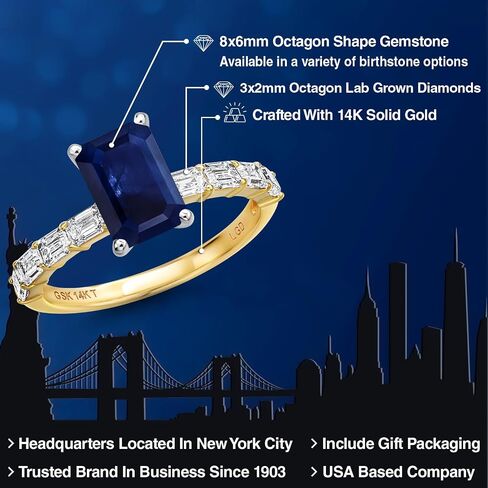 Gem Stone King 14K Two Tone Gold Gemstone Birthstone and Lab Grown Diamond Engagement Ring For Women | Emerald Cut 8X6MM and 3X2MM | Wedding Anniversary Ring | Available in Size 5,6,7,8,9 in Saudi Arabia