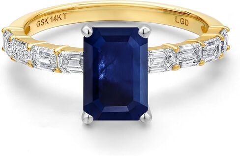 Gem Stone King 14K Two Tone Gold Gemstone Birthstone and Lab Grown Diamond Engagement Ring For Women | Emerald Cut 8X6MM and 3X2MM | Wedding Anniversary Ring | Available in Size 5,6,7,8,9 in Saudi Arabia
