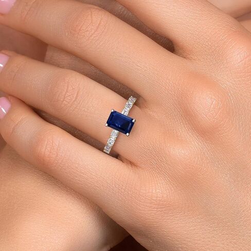 Gem Stone King 14K Two Tone Gold Gemstone Birthstone and Lab Grown Diamond Engagement Ring For Women | Emerald Cut 8X6MM and 3X2MM | Wedding Anniversary Ring | Available in Size 5,6,7,8,9 in Saudi Arabia