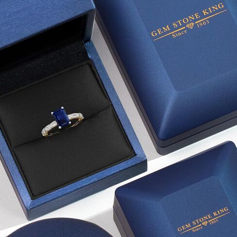 Gem Stone King 14K Two Tone Gold Gemstone Birthstone and Lab Grown Diamond Engagement Ring For Women | Emerald Cut 8X6MM and 3X2MM | Wedding Anniversary Ring | Available in Size 5,6,7,8,9 in Saudi Arabia