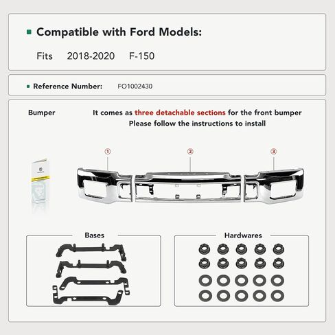 yhtauto الأمامي الوفير الوجه بار متوافق مع فورد F-150 2018 2018 2020 ، لا يناسب طراز رابتور ، مع ثقوب ضباب الضباب ، استبدال الصلب الصلب الصلب in Kuwait