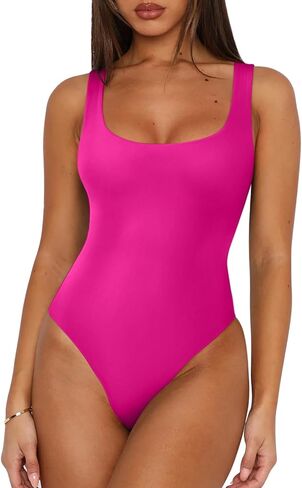 REORIA Women's Sexy Square Neck Sleeveless Double Lined Basic Bodysuits Backless Tank Tops Going Out in Saudi Arabia