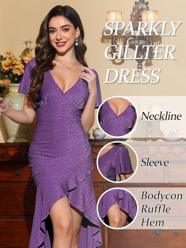 Women Formal Wedding Guest Sparkly Party Dress Ruffle Glitter Sequin Midi Evening Gown Prom Hi Low Cocktail Dresses in Saudi Arabia