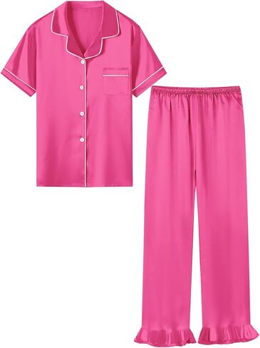QZH.DUAO Silk Satin Pajamas Set Girls 2 Piece Pj Sets Ruffle Short Sleeve Sleepwear Soft Button Down Loungewear for Kids in Saudi Arabia