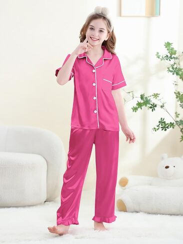 QZH.DUAO Silk Satin Pajamas Set Girls 2 Piece Pj Sets Ruffle Short Sleeve Sleepwear Soft Button Down Loungewear for Kids in Saudi Arabia