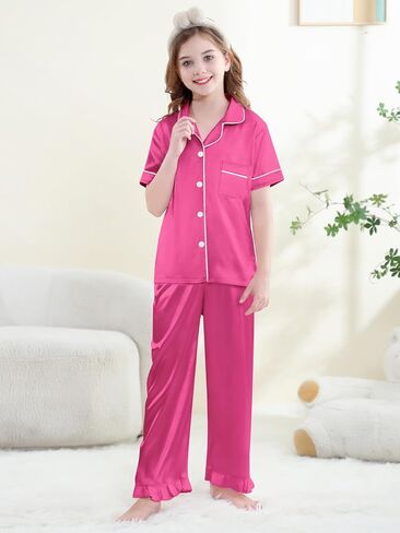 QZH.DUAO Silk Satin Pajamas Set Girls 2 Piece Pj Sets Ruffle Short Sleeve Sleepwear Soft Button Down Loungewear for Kids in Saudi Arabia