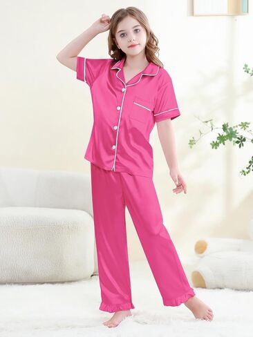 QZH.DUAO Silk Satin Pajamas Set Girls 2 Piece Pj Sets Ruffle Short Sleeve Sleepwear Soft Button Down Loungewear for Kids in Saudi Arabia