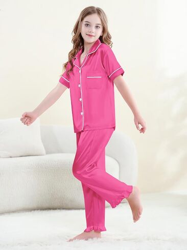 QZH.DUAO Silk Satin Pajamas Set Girls 2 Piece Pj Sets Ruffle Short Sleeve Sleepwear Soft Button Down Loungewear for Kids in Saudi Arabia