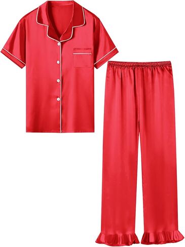 QZH.DUAO Silk Satin Pajamas Set Girls 2 Piece Pj Sets Ruffle Short Sleeve Sleepwear Soft Button Down Loungewear for Kids in Saudi Arabia