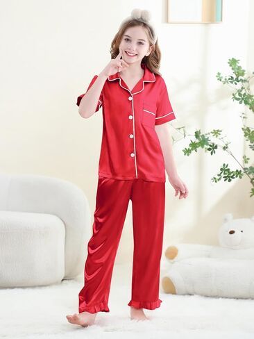 QZH.DUAO Silk Satin Pajamas Set Girls 2 Piece Pj Sets Ruffle Short Sleeve Sleepwear Soft Button Down Loungewear for Kids in Saudi Arabia