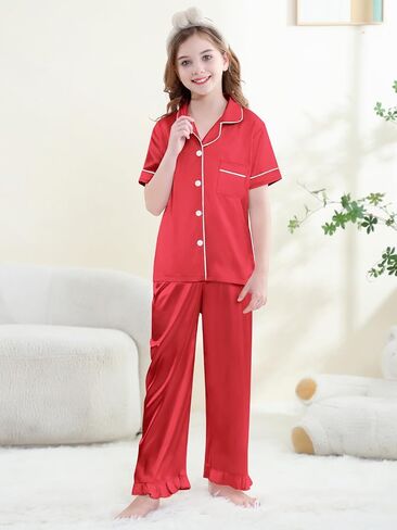 QZH.DUAO Silk Satin Pajamas Set Girls 2 Piece Pj Sets Ruffle Short Sleeve Sleepwear Soft Button Down Loungewear for Kids in Saudi Arabia