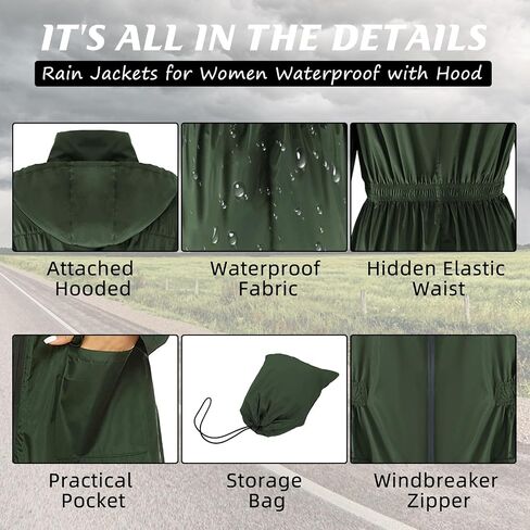 American Trends Rain Jacket Women Waterproof with Hood Windbreaker Jacket Travel Rain Coat Packable Lightweight Long Raincoat in Saudi Arabia