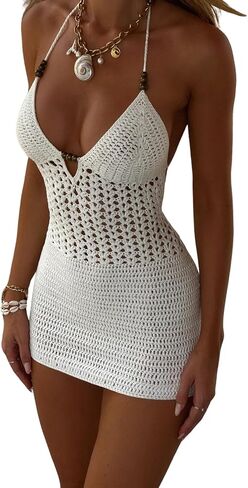 Engofs Women Crochet Halter Dress Beach Swim Cover Ups Mini Dresses in Saudi Arabia